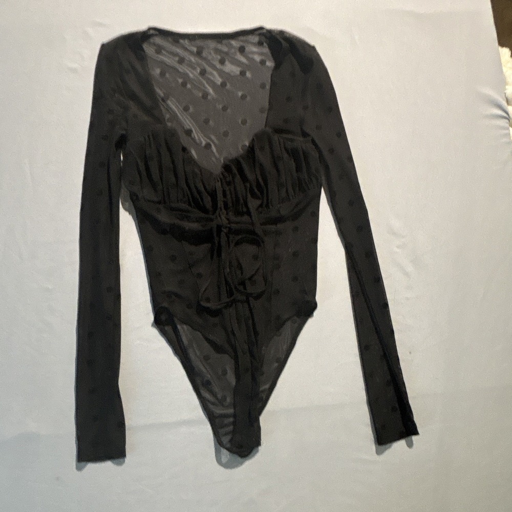 Black Swiss Dot Mesh Long Sleeve Bodysuit Ruched Bust Lace Up Sweetheart Neck